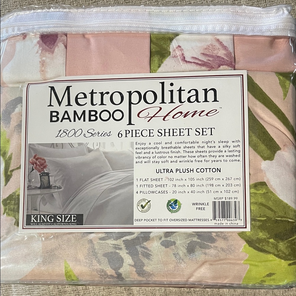 Metro Home Bamboo Sheet Set - Pink and Green Floral Design - Picture 2 of 3